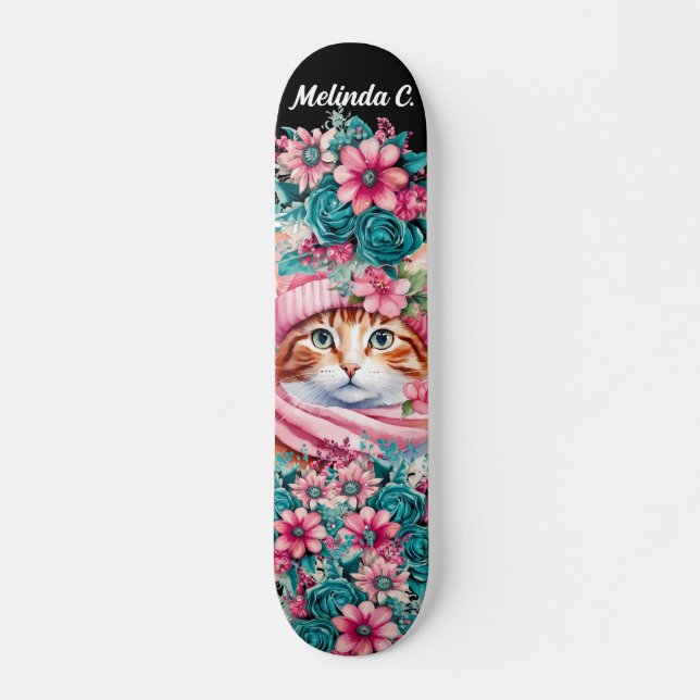 Skateboard Navidades de flores Verde azuladas y rosas gatitos (Anverso )