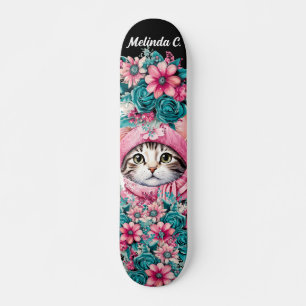 Skateboard Navidades de flores Verde azuladas y rosas gatitos
