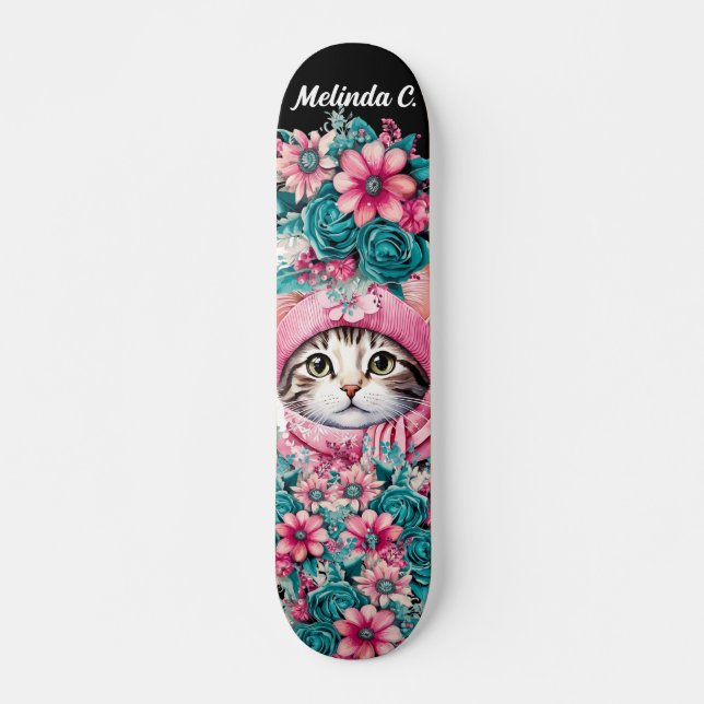 Skateboard Navidades de flores Verde azuladas y rosas gatitos (Anverso )
