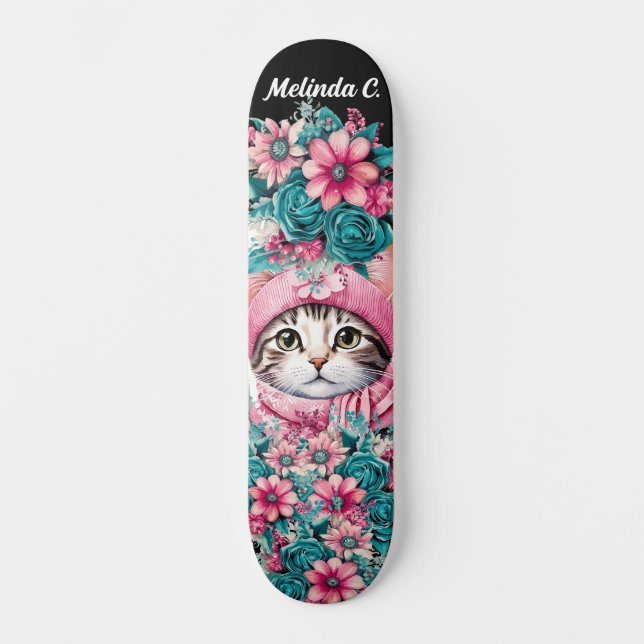Skateboard Navidades de flores Verde azuladas y rosas gatitos (Anverso)