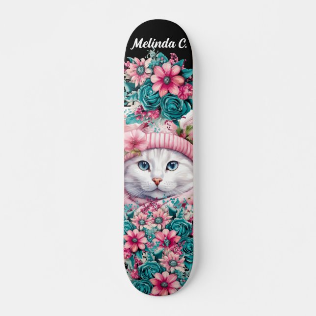Skateboard Navidades de flores Verde azuladas y rosas gatitos (Anverso )