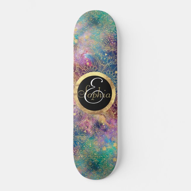 Skateboard Nebulosa de color dorado Mandala (Anverso)