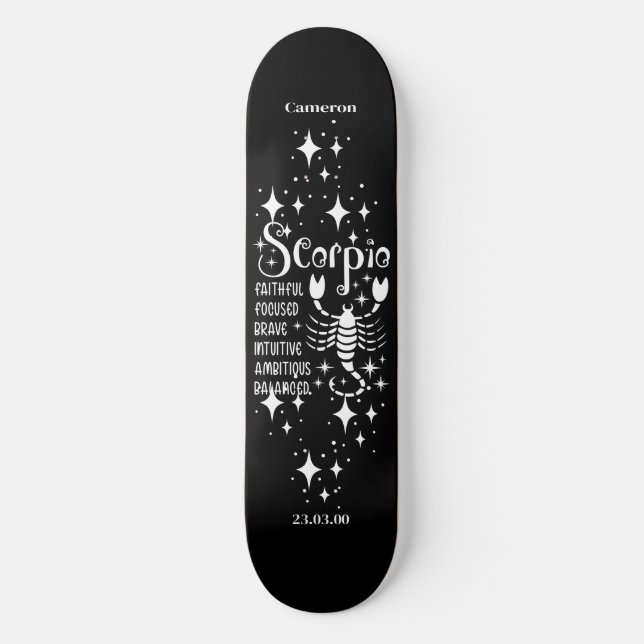Skateboard negro astrológico con símbolo Scorpio (Anverso)