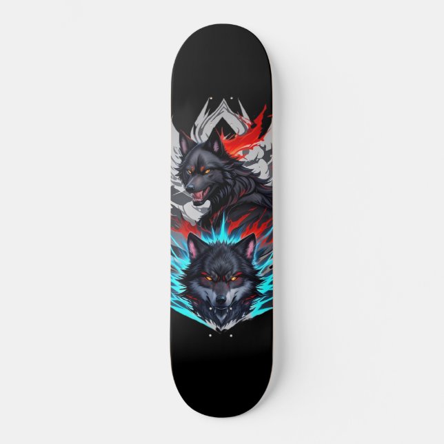 Skateboard negro con diseño de lobos (Anverso)