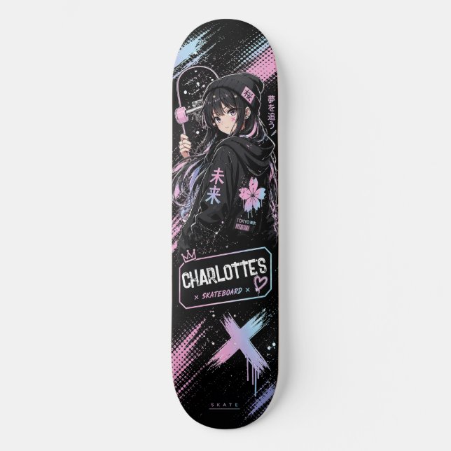 Skateboard negro y pastel de anime personalizado (Anverso)