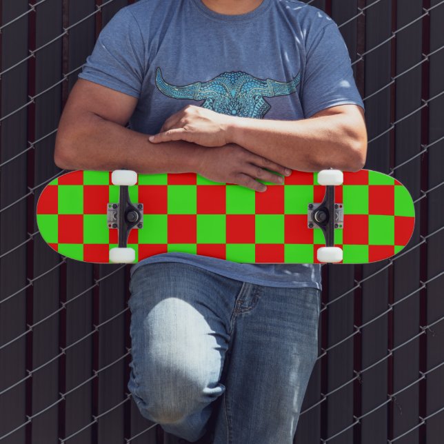Skateboard Neon Green y Red Checkered Checkerboard Vintage (Exterior 3)