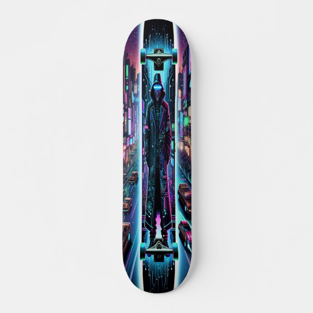 Skateboard "Neon Hacker: El ciberpunk Cityscape (Anverso )