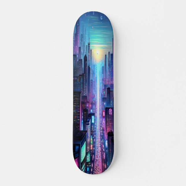 Skateboard "Neon Metropolis: Ciudad del Ciberpunk (Anverso )