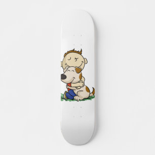 Skateboard Niño abrazando cariñosamente a su perro elegir