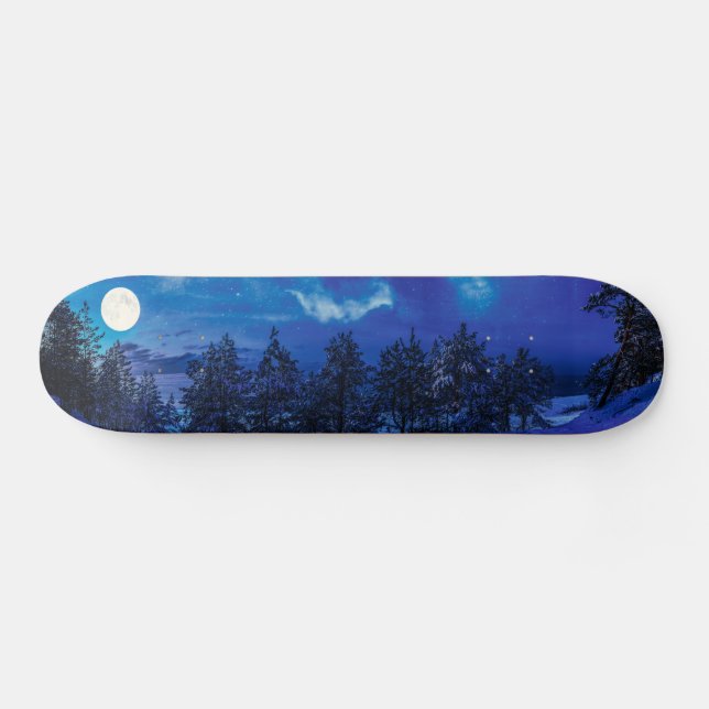 Skateboard Noche estrellada con luna llena en el bosque (Horz)