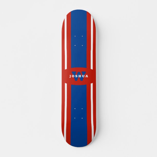 Skateboard Nombre blanco rojo de las rayas azules (Anverso )