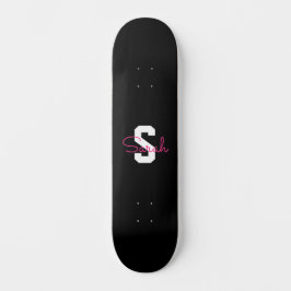 Skateboard Nombre Bonito & Monograma | Negro Blanco & Rosa