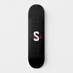 Skateboard Nombre Bonito & Monograma Negro Blanco & Rosa