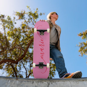 Skateboard Nombre de la firma de swash curvo rosa y rojo con