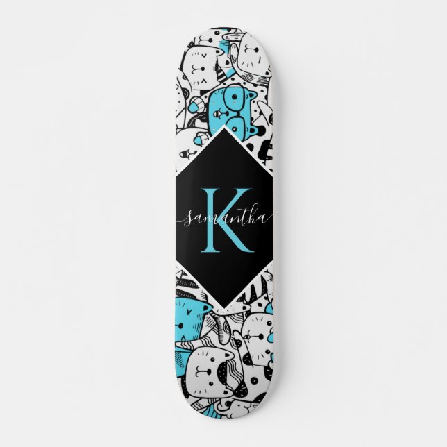 Skateboard Nombre de patrón de gato azul y Personalizado de d (Anverso )