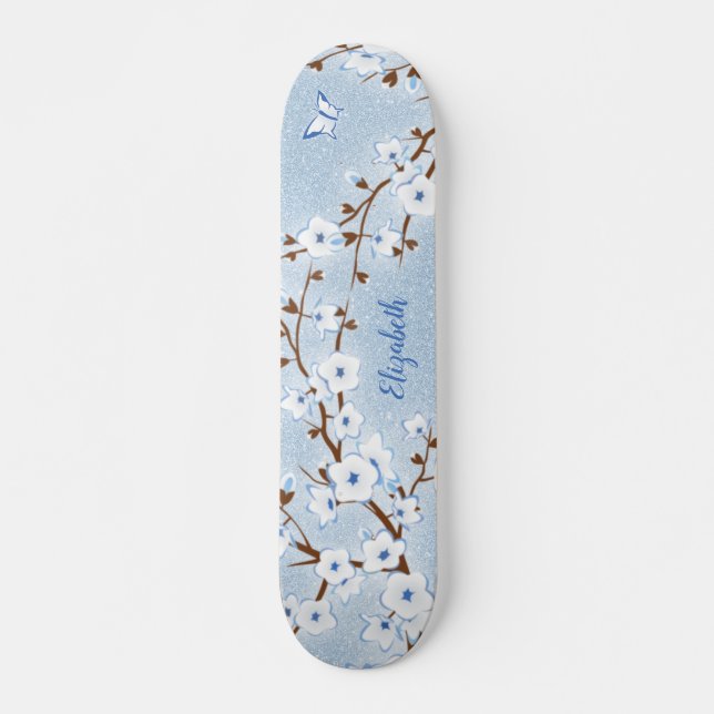 Skateboard Nombre floral del Purpurina azul blanco Floral del (Anverso )
