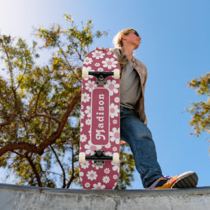 Skateboard Nombre floral retro rosa