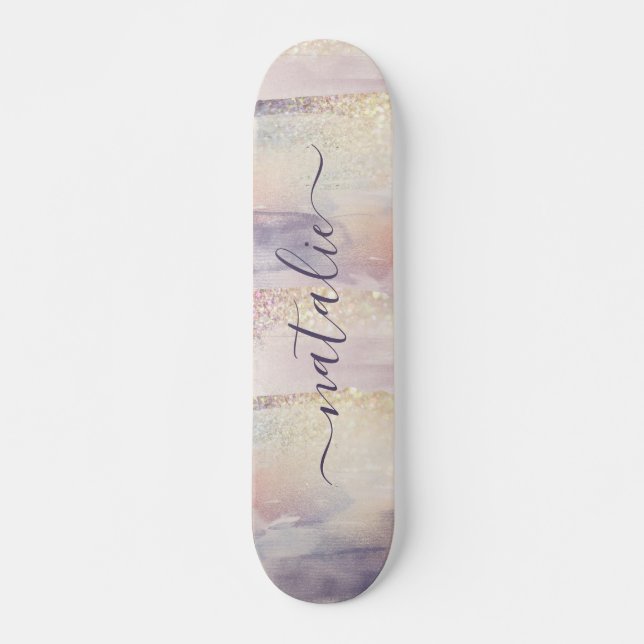 Skateboard Nombre inicial del purpurina rosa morado brillante (Anverso )