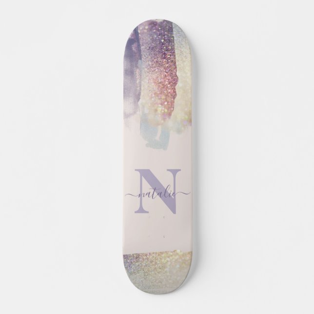 Skateboard Nombre inicial del purpurina rosa morado brillante (Anverso )