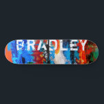 Skateboard Nombre personalizado abstracto de color moderno de<br><div class="desc">El patinador Guay Modern Colorful Abstract Custom Name Skateboard incluye su nombre personalizado en tipografía moderna con un fondo abstracto en rojo, naranja, azul, verde, negro y blanco. Personalice editando el texto en el cuadro de texto proporcionado. Dé un regalo hecho por el personalizado, patineta personalizada a tu patinador favorito...</div>
