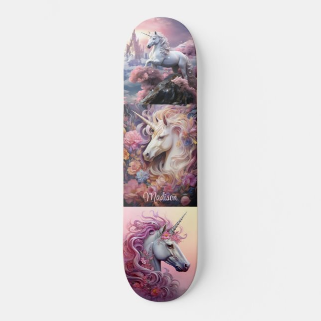 Skateboard Nombre personalizado bellas Unicornios (Anverso)