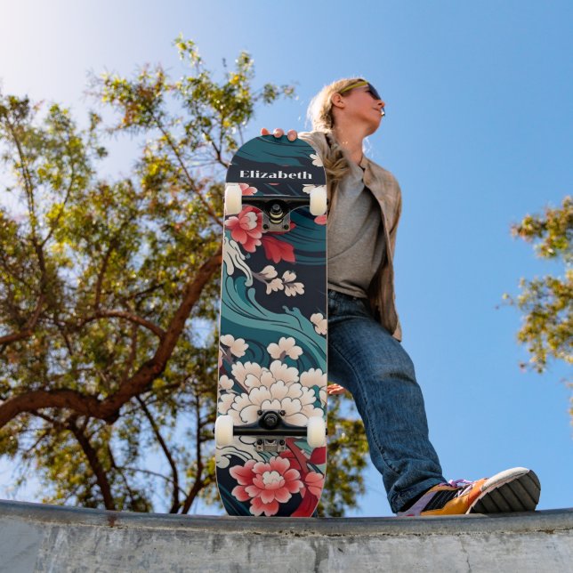 Skateboard Nombre personalizado de arte de cerezo japonés (Exterior 1)