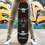 Skateboard Nombre personalizado de gato de pantera negra enoj<br><div class="desc">Patineta con nombre personalizado de gato de pantera negra enojada</div>