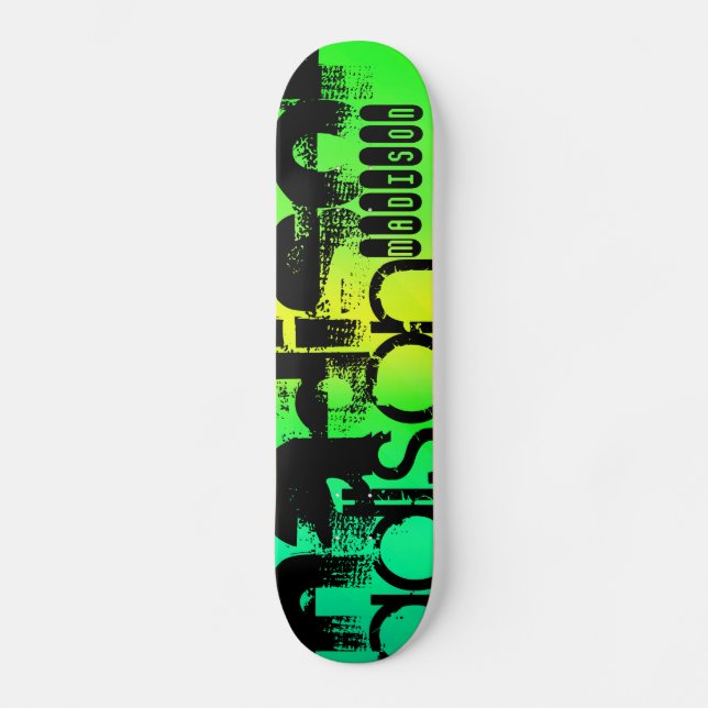 Skateboard Nombre personalizado de Neon Aqua Verde y Amarillo (Anverso)