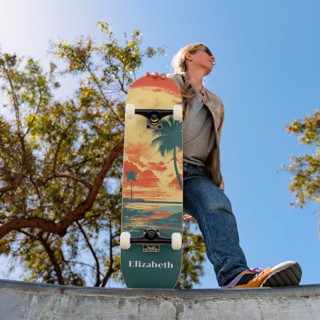 Skateboard Nombre personalizado de playa tropical retro vinta (Exterior 1)