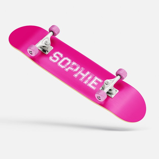 Skateboard Nombre personalizado del tablero de patinaje rosa  (Girly Varsity Pink Skateboard Personalized Name)