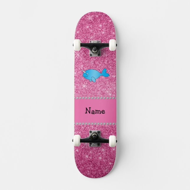 Skateboard Nombre personalizado purpurina rosa narwhal azul (Anverso)