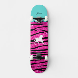 Skateboard Nombre unicornio blanco purpurina rosa caliente ra