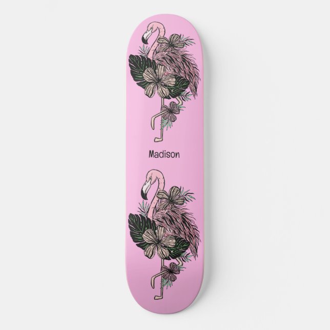 Skateboard Nombre y color personalizados Flamingo rosa (Anverso)