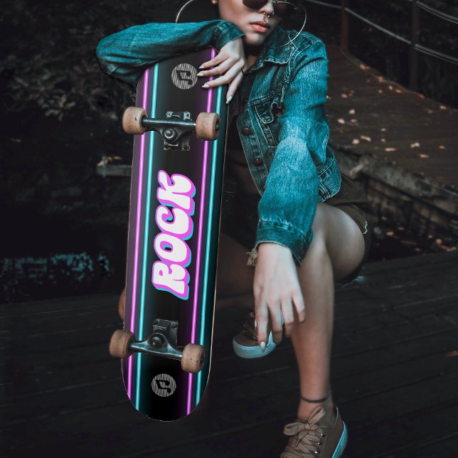 Skateboard Nota de música retro neonesa rosa y azul rock (Retro Neon Pink & Blue Rock Music Note Skateboard)