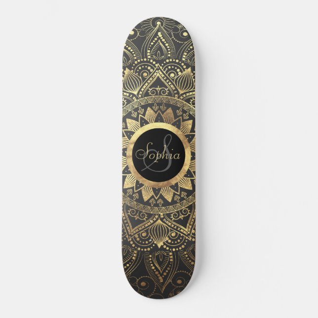 Skateboard Obra elegante de Mandala dorada (Anverso)