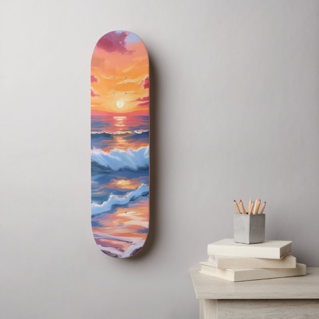 Skateboard Ocean Sunset Beach Waves Watercolor (Arte de la pared)