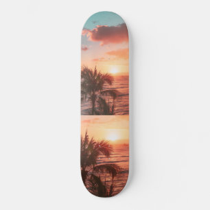 Skateboard Ocean Sunset Palm Tree Orange Clouds