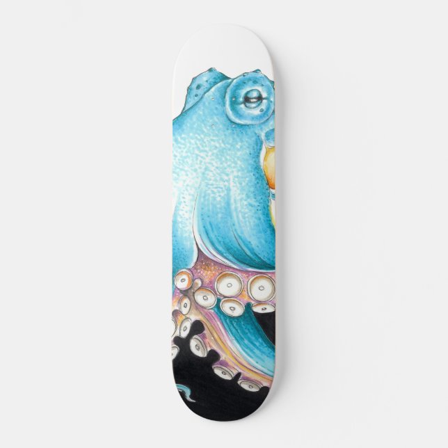 Skateboard Octopus azul sobre tinta blanca