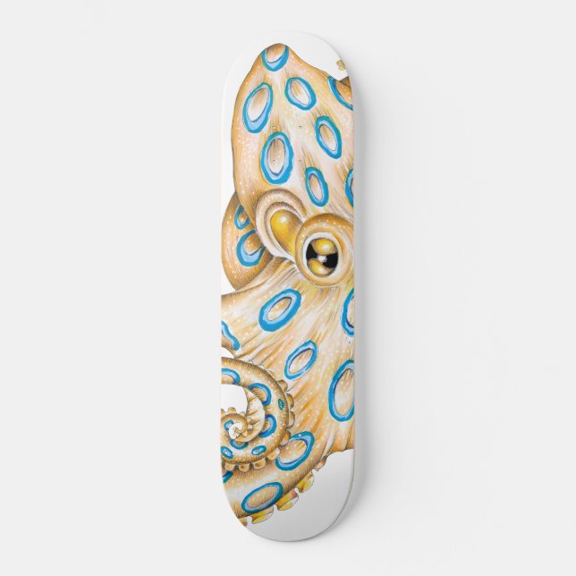 Skateboard Octopus de anillo azul sobre tinta blanca (Anverso)