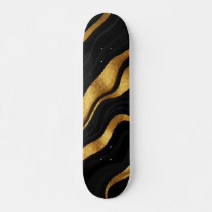 Skateboard Ola abstracta de diseño negro y dorado