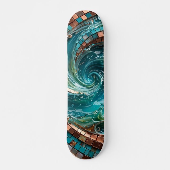Skateboard Ola de mosaico turquesa y verde teal (Anverso )