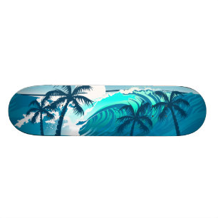 Skateboard Ola de surf tropical con palmeras
