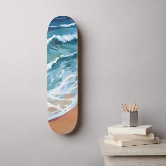 Skateboard Olas de Océano Azul Acuarela (Arte de la pared)