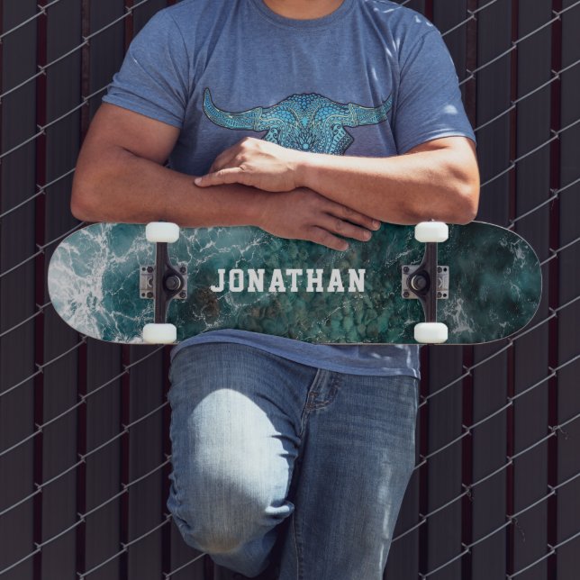 Skateboard Olas de océano teal modernas aéreas personalizadas (Exterior 3)