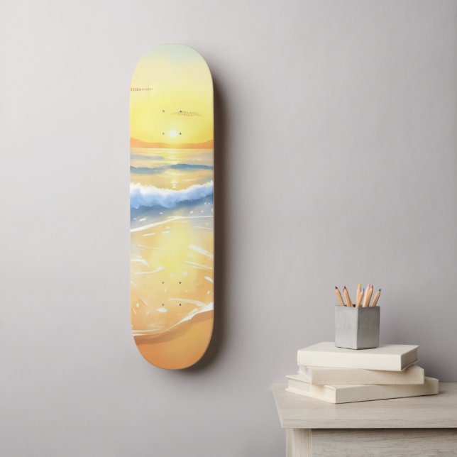Skateboard Olas del Océano Atardecer | Acuarela de Playa (Arte de la pared)