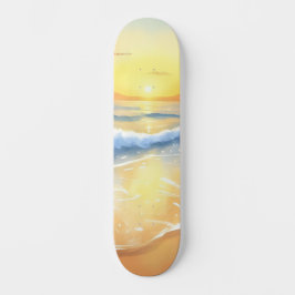 Skateboard Olas del Océano Atardecer | Acuarela de Playa