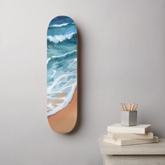 Skateboard Olas del Océano Azul Acuarela Costera (Arte de la pared)