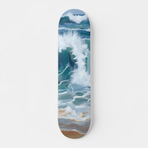 Skateboard Olas del Océano Rompiendo Acuarela Azul Costera