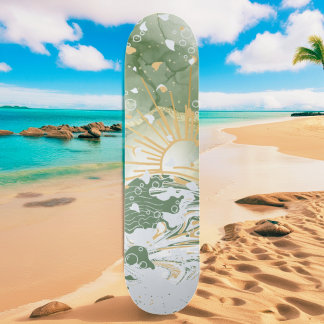 Skateboard Ondas oceánicas de mármol verde y dorado de esmera
