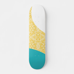 Skateboard Ondas simples - Patrón floral Turquesa y Amarillo